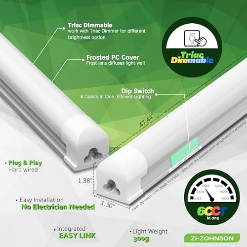 Zi-ZOHNSON 6 Pack Dimmable 4FT Led Shop Lights,30W T8 Integrated LED Tube Light,3000-6500K Tunable,4500LM W Frosted Cover,High Output,Linkable,Plug and Play Lights for Workshop,Garage,Basement,Barn - Thumbnail 2