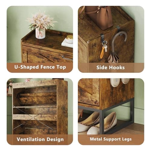 HUAHUU Shoe Cabinet with 3 Flip Drawers, Freestanding Shoe Storage Cabinet for Entryway with Adjustable Shelf, Hidden Wood Shoe Cabinets for Hallway, Living Room, Rustic Brown - Thumbnail 5