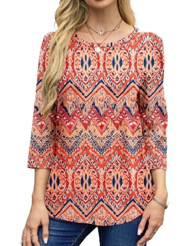 NORACORA Women's 3/4 Length Sleeve Crew Neck T-Shirt - Printed Casual Basic Tops - Thumbnail 2