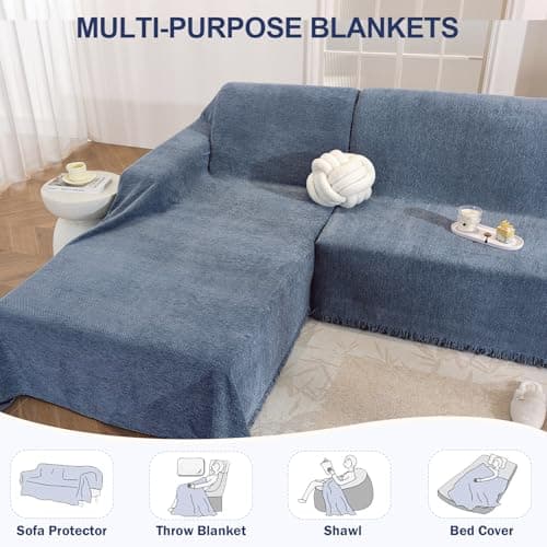 OstepDecor Sectional Couch Covers 2 Pieces, L Shaped Couch Cover Blanket, Sectional Sofa Cover Washable, Chaise Lounge Sofa Slipcovers Pet Furniture Protector for Dogs (71"x118"+71"x118", Blue) - Thumbnail 4