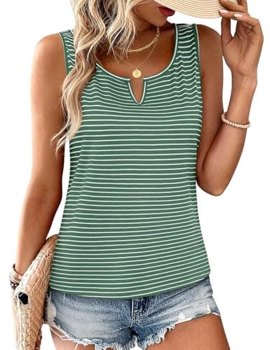 JUSTFASHIONNOW Striped Tank Top for Women Sleeveless Blouses Dressy V Neck Business Shirts Cute Summer Tops Trendy Outfits(Striped Green, Large) - Image 1