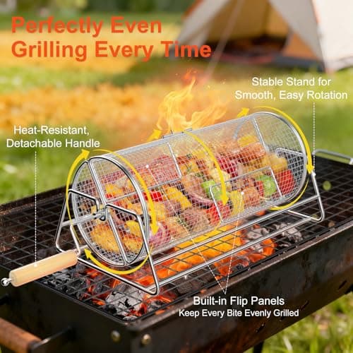 Rotatable Rolling Grill Baskets, 304 Stainless Steel, Even Cooking Nesting Grilling Net, BBQ Accessories Tools for Vegetables Shrimp, Outdoor Camping, Gifts for Birthday/Men/Dad/Husband - Thumbnail 5