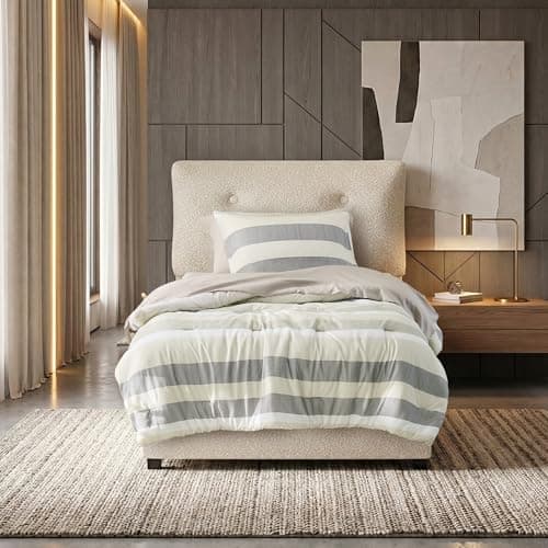 Regency Heights Twin Size Striped Comforter Set, Soft Microfiber Reversible Bedding Sets for All Season 5 Pieces Neutral Bed in A Bag Set with Comforter, Sheets, Pillowcase & Sham