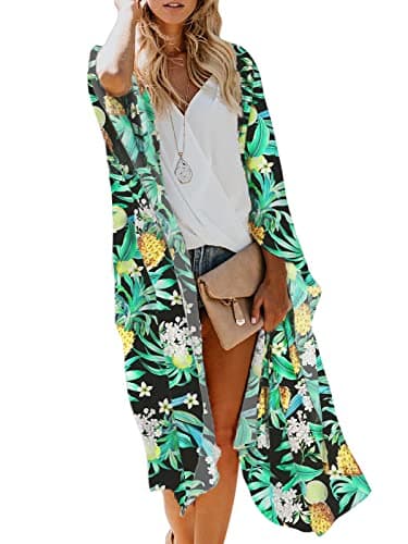 Women's Boho Long Kimono Cardigan Dusters Summer Lightweight Chiffon Beach Swimsuit Swimwear Bathing Suit Cover Ups Plus Size Resort Wear Hawaiian Tropical Pineapple Leaf Print Green Black Small - Image 1