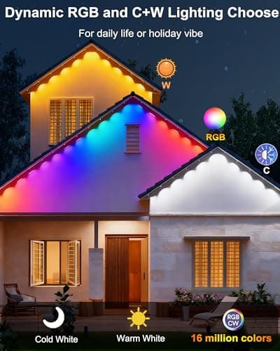Seyxicnor 100ft Permanent Outdoor Smart Lights Pro with 60 RGBCW+IC LEDs & WiFi/Alexa Control, IP68 Waterproof Christmas Lights Outdoor Year-Round Lighting 108 Scene Modes for Daily, Halloween Décor - Thumbnail 3