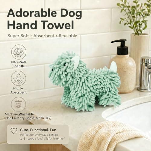 FAGOBI Cute Dog Chenille Hand Towel, 3D Fuzzy Puppy Hangable Ball Hand Towel Microfiber Super Soft Absorbent Bathroom & Kitchen Towels with Hanging Loop, Can Be Placed on the Sink Countertop (Green) - Thumbnail 2