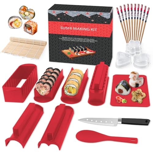 HI NINGER Sushi Maker Set, 24-piece sushi maker kit for beginners to make their own sushi. Can be used as a sushi plate with rice roll molds, knife, sushi plate,sushi rolling mat (red) - Image 1