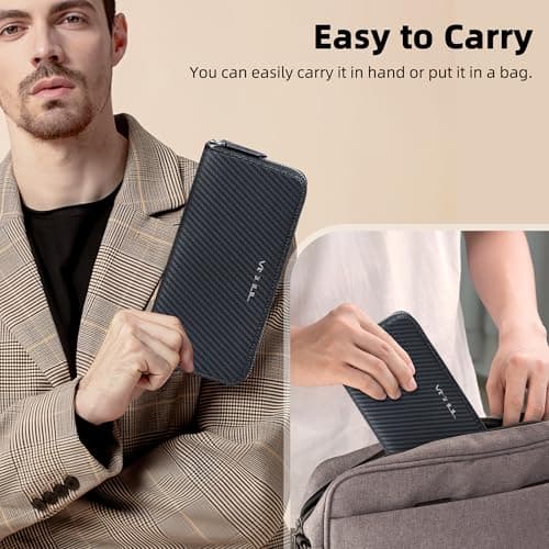 VISOUL Leather Long Zippered Pouch Wallet for Men with RFID Blocking Two-tone, Large Carbon Fiber Leather Clutch Cash Long Wallet with Zipper (Black+Orange) - Thumbnail 6