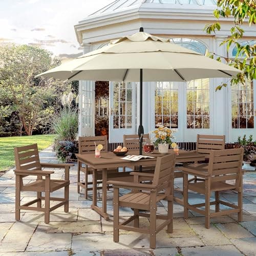 Homenjoy 7 Piece Patio Dining Set, 66" Rectangle HDPS Weather Resistant Outdoor Table & 6 Patio Chairs Set with 1.96" Umbrella Hole, Heavy Duty Chairs for Backyard Balcony Deck, Brown - Thumbnail 3
