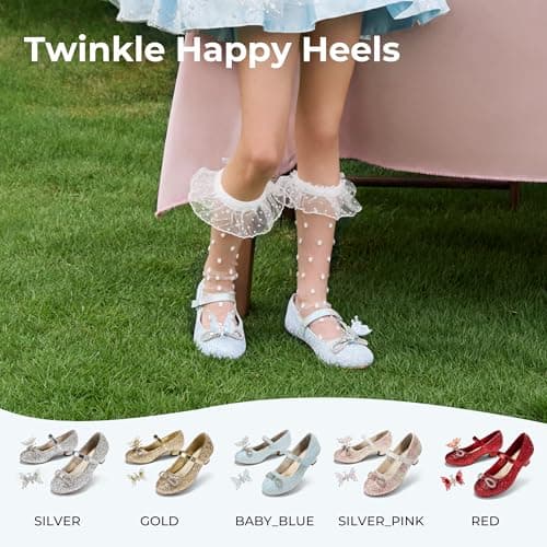 PATPAT Girls Dress Shoes Size 1 Big Kid, Gold Glitter Shoes with Butterfly Hair Clips, Sequins Rhinestones Bowknot Princess Low Heels Mary Jane Footwear Heels for Girls Dress Up - Thumbnail 2