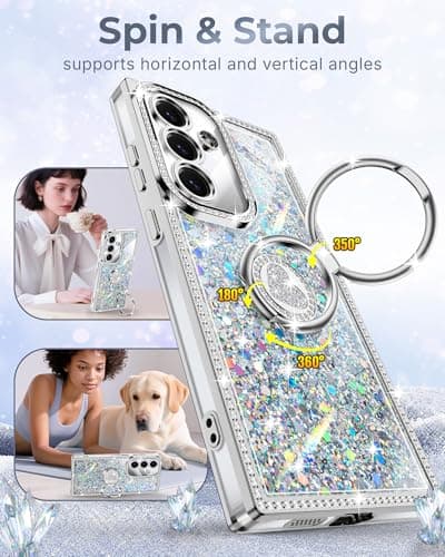 XYZ for Galaxy S25 Case, Glitter Bling S24 Phone Cover with 2-Ring Heart Stand & Lanyard, Women Girls Luxury Rhinestone Shockproof Protective Case para Samsung S25/S24, Silver - Thumbnail 3