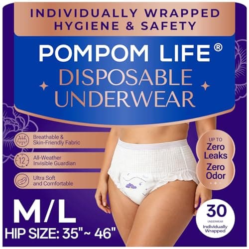 POMPOM LIFE Individually Wrapped Disposable Incontinence Underwear for Women | Maximum Absorbency Adult Diapers | Soft & Breathable Briefs, Disposable Postpartum Underwear for Women Travel - Image 1