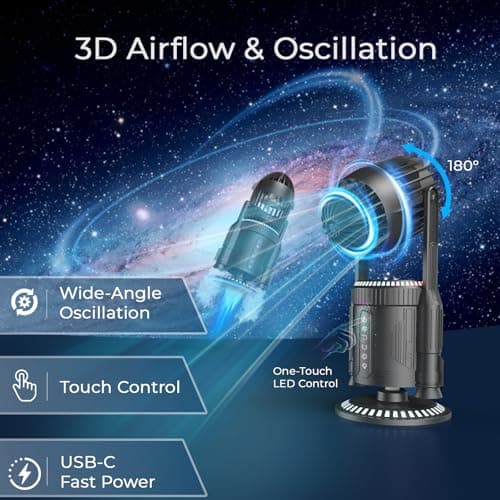 LAMJIE Rocket Desk Fan with Mist Humidifier, 5000mAh Portable Cordless Table Fan, RGB Gaming Room Decor, 180° Auto-Oscillating & Tilt, Quiet Personal Cooling for Office, Bedroom & Gifting (BLACK) - Thumbnail 4