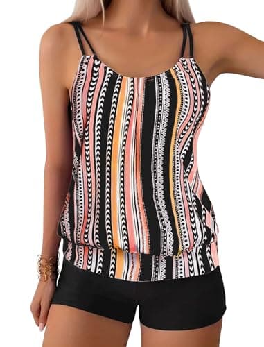 ZAFUL Two Piece Tankini Swimsuit for Women Tummy Control Bathing Suit with Boy Shorts Blouson Swimwear 3-Orange Stripes XXL - Image 1