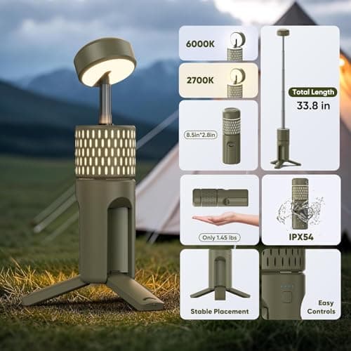 Camping Light Telescopic, Collapsible Tripod Camping Lantern, Rechargeable Camping Lamp with Stand, Dimmable & Portable IPX54 Waterproof Flashlight for Emergency (Military Green) - Thumbnail 2