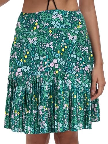 KORALHY 21" Golf Skorts with Pockets Pleated Tennis Skirts with Shorts Knee Length Skort for Athletic, Workout, Casual Wear Green Floral M - Thumbnail 2