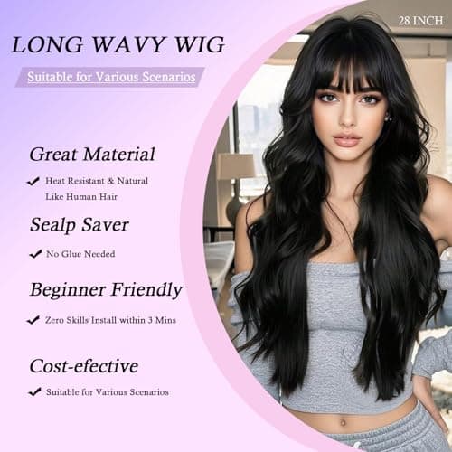 Barbique Black Long Wavy Wig with Bangs, Heat Resistant Synthetic Wig, Beginner Friendly, Natural Look, Adjustable Straps, Glueless Ready to Wear for Daily Party Cosplay Use - Thumbnail 2
