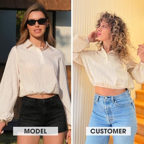 EXLURA Women's 100% Cotton Long Sleeve Crop Tops Summer Striped Collared Button V Neck Pullover Shirt Elastic Hem Y2K Blouse Apricot - Thumbnail 2