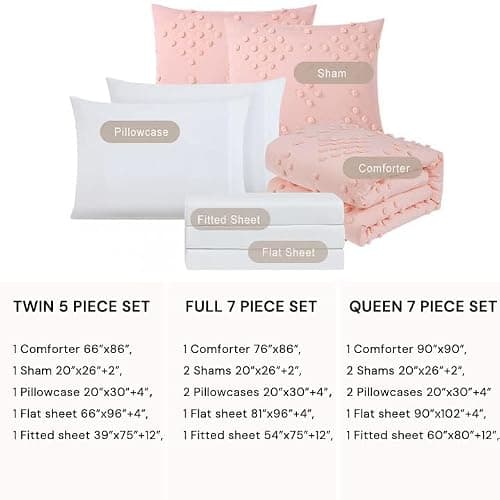 Geniospin Pink Queen Comforter Set for Girls- 7 Pieces Pom Tufted Bed in A Bag Twin Bedding Sets with Sheets, Pillowcases & Shams, All Season Kids Comforter Set - Thumbnail 6