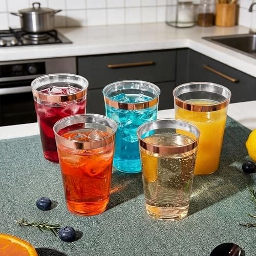 200 Pack 12oz Plastic Cups with Rose Gold Rimmed - Sturdy & Food Safe Plastic Wine Glasses Wedding Cups Party Cups Clear Cups Plastic Cocktail Glasses for Wine, Juice, Cocktails and Cold Beverages - Thumbnail 3