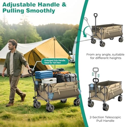 SUNNYFEEL 300L Collapsible Wagon - 550LBS Heavy Duty with Big All-Terrain Wheels Wagon Cart Foldable, Utility Folding Cart for Camping, Grocery, Shopping, Beach, Outdoor Activities, Khaki - Thumbnail 6