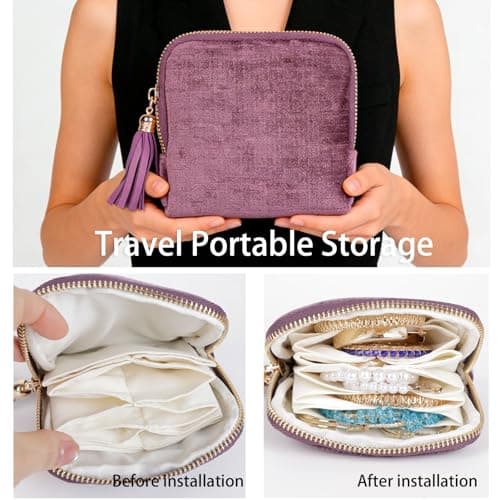 ASINGYER Travel Jewelry Storage Bag for Women, Velvet Portable Jewelry Organizer with Tassel Zipper, Small Pouches for Bracelets Necklaces Rings Earrings, Wedding Gift for Women (purple) - Thumbnail 3