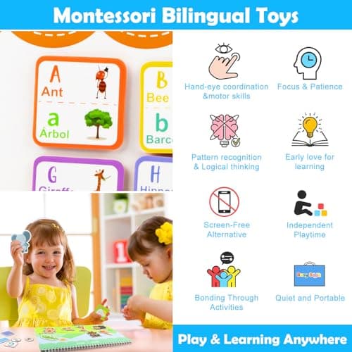 Spanish & English Bilingual Montessori Books for Toddlers 3-4-5, Pre-Assembled Reusable Sticker Activities Toy for Kids to Learn Spanish - Speech Therapy Easter Gifts for Kid - Juguetes Para Niñas - Thumbnail 3