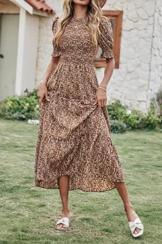 BTFBM Women Casual Summer Dresses 2026 Spring Crew Neck Ruffle Short Sleeve Smocked Floral Boho Flowy Maxi Dress Clothes(Floral Coffee White, Medium) - Thumbnail 2