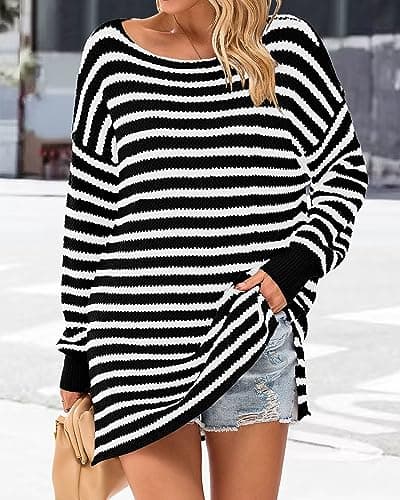 KIRUNDO Women's 2026 Fall Winter Oversized Long Sleeve Striped Sweater Casual Crewneck Side Split Pullover Knit Tops(Black, Small) - Thumbnail 2