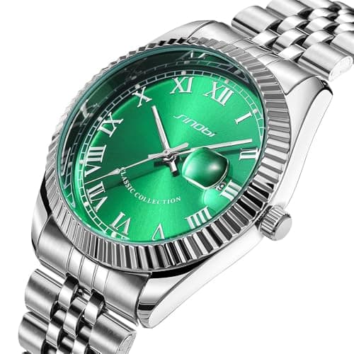 SINOBI Men's Luminous Hand Calendar Date Quartz Watch Classic Stainless Steel Watches for Men (Silver-Green) - Thumbnail 2