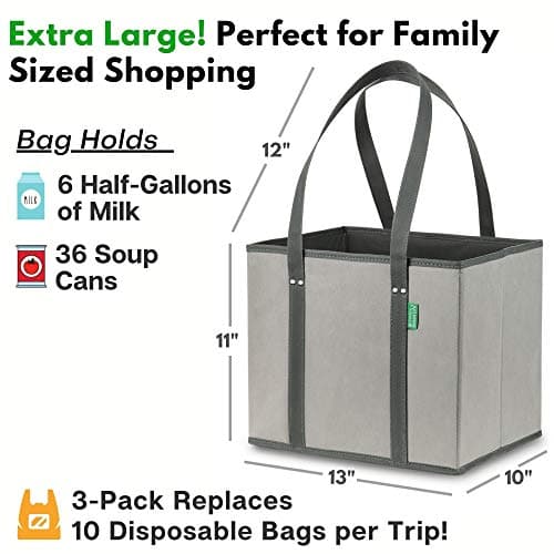 Reusable Grocery Bags (3 Pack) – Heavy Duty Shopping Bags, Gray - Thumbnail 4