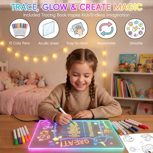 16" LED Drawing Board for Kids, Light Up Glow Doodle Pad with 12 Markers, Tracing Book & Cleaning Cloth, USB-C Acrylic Dry Erase Note Board Toy Gifts for Girls Boys Age 3-12 - Thumbnail 2