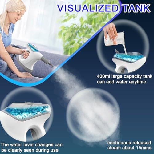 Handheld Steam Cleaner, 10S Immediate Heat Hand Held Steam Cleaner for Home, with Visualized Large Water Tank & 9 PCS Accessories & Safety Lock, for Window,Car,Kitchen,Couch,Floor (WHITE+GRAY) - Thumbnail 2