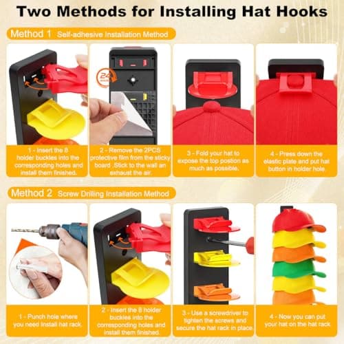 Coopache Hat Organizer for Baseball Caps 2 Pack, Hat Rack for Hanger Wall or Door Ball Cap Storage Holder for 16 Hats Hanging (Black & Color) - Thumbnail 6
