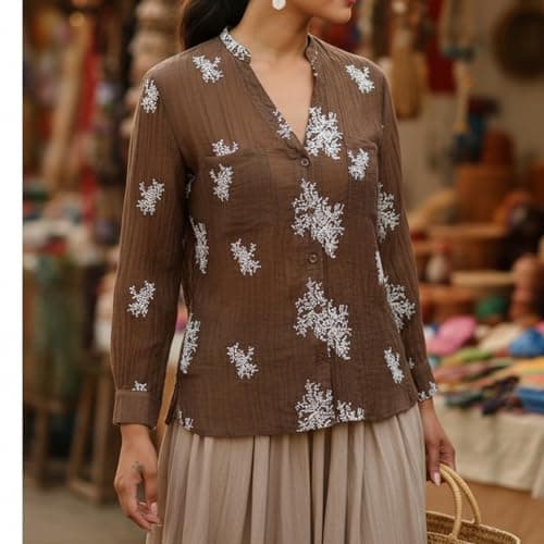 Women's Long Sleeve Roll Up V Neck Button Down Embroidered See Through Lightweight Coffee Chocolate Tunic Casual Summer Spring Shirts Boho Cotton Crinkle Gauze Blouse Sheer Floral Shirt Large L - Thumbnail 3