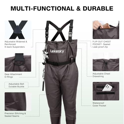Lekesky Fly Fishing Chest Waders with Boots for Men Women, US Sizes 5–14,2-Ply Nylon/Pvc Waterproof Waders(Brown,M7/W9) - Thumbnail 2