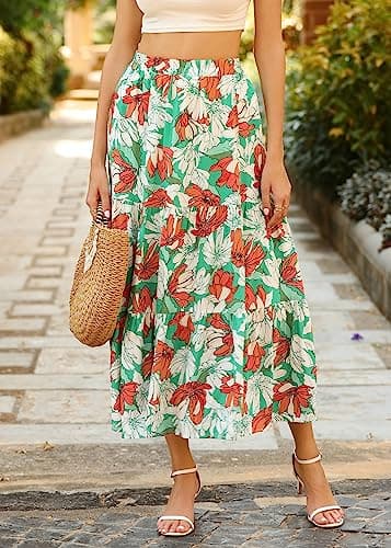KIRUNDO Maxi Skirts for Women 2026 Summer Boho Floral High Waist Casual Flowy Long Skirt Beach Vacation Cruise Resort Wear(Floral Green Orange, Medium) - Thumbnail 3