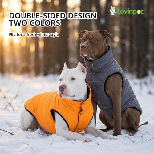 LovinPet Large Dog Puffer Coat, Reversible Down‑Insulated Winter Jacket, Water‑Resistant & Wind‑Resistant, Anti‑Static, Dual-Sided Orange & Grey for Cold Weather, 3XL - Thumbnail 5