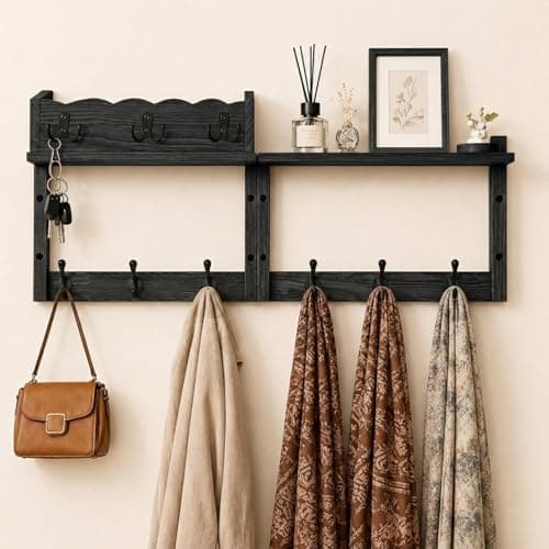 Dellicasi 28" Coat Rack Wall Mount with Shelf, Entryway Wall Mounted Coat Rack Wood Wall Coat Hooks with 7 Hooks 3 Key Hanger, Key Holder Wall Mount Mail Holder for Living Room, Bedroom - Image 1