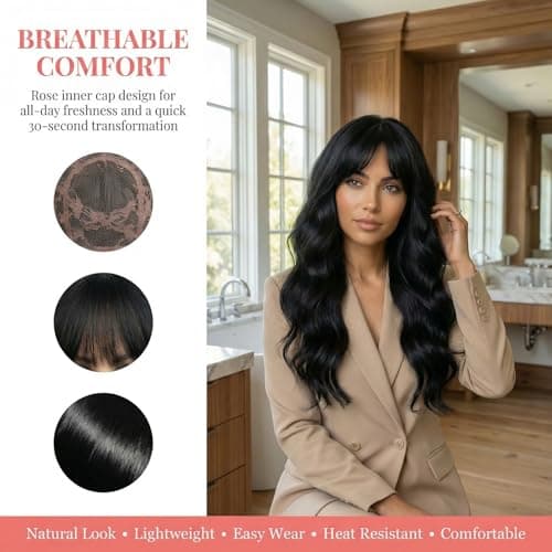 QITAQOTA 26 Inch Natural Black Body Wave Wig for Women with Air Bangs - Heat Resistant Synthetic Wig, Breathable Cap & Free Wig Cap, for Daily Wear, Cosplay, Date & Party - Thumbnail 5