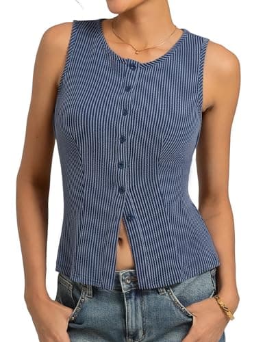 Kate Kasin Women Ribbed Fitted Tank Tops Trendy 2026, Sleeveless Going Out Tops Y2K, Summer Navy Blue Sweater Vest XL - Image 1