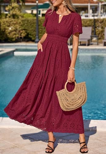 PRETTYGARDEN Short Sleeve Summer Dresses for Women 2026 Elegant Classy Boho High Waist A Line Pleated Wedding Guest Dress (Burgundy, Small) - Thumbnail 4