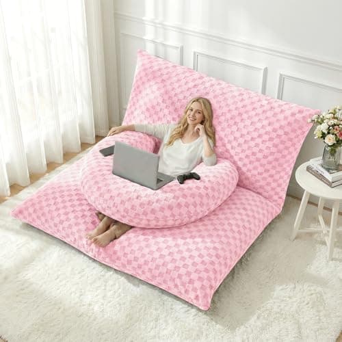 HABUTWAY 3 in 1 Bean Bag Chair with Portable U-Shaped Pillow, Giant Bean Bag with Washable Cover, Convertible Sofa Bed (Pink) - Image 1