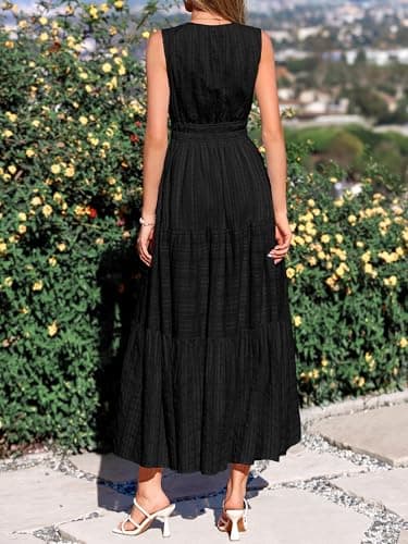 BTFBM Summer Dresses for Women 2026 Sleeveless Boho V Neck A Line Flowy Spring Casual Maxi Dress Beach Vacation Pockets(Black, Medium) - Thumbnail 3