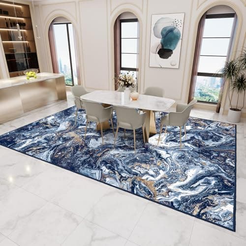 GEMBED Washable Area Rug 4x6 - Artistic Style Modern Rug for Living Room Bedroom Dining Room, Soft Low Pile Machine Washable Carpet, Non Slip Non Shedding Area Rug - Dark Blue/Gold, 4'x6' - Thumbnail 2