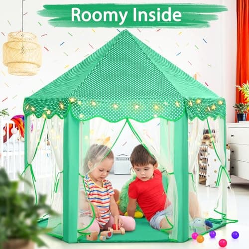 Monobeach Princess Tent Girls Green Large Playhouse Kids Castle Play Tent with Star Lights Gift Toy for Children Indoor and Outdoor Games - Thumbnail 2