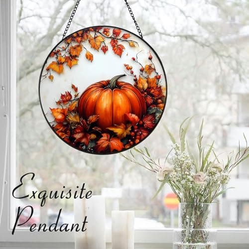 Zizzie Stained Glass Pumpkin Suncatcher - 7.9" Real Glass Fall Maple Leaves Window Hanging, Weatherproof Autumn Farmhouse Decor, Thanksgiving Harvest Gift for Women Mom - Thumbnail 5