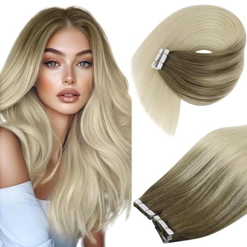 Ve Sunny Human Hair Extensions Tape in Ombre Tape in Hair Extensions Human Hair 18inch Light Brown Root to Platinum Blonde Ombre Hair Extensions Real Human Hair Tape ins Invisible Slin Weft 20Pcs 50g - Image 1