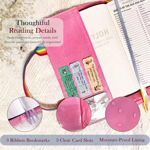 Bible Cover for Women, Zipper-Free Canvas Bible Case with Handle, Lay-Flat Design, Protective Lining, Exterior Pockets & Ribbon Bookmarks, Christian Gift for Women (2 Sizes) (Pink-Rainbow, Large) - Thumbnail 2