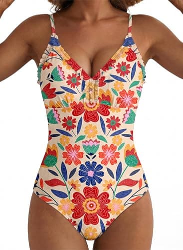 Aleumdr Women's Trendy 2026 One Piece Swimsuit Ruffle Trim Tummy Control Slimming Bathing Suit V Neck Full Coverage Summer Modest Swimwear YellÎow Floral X-Large - Image 1